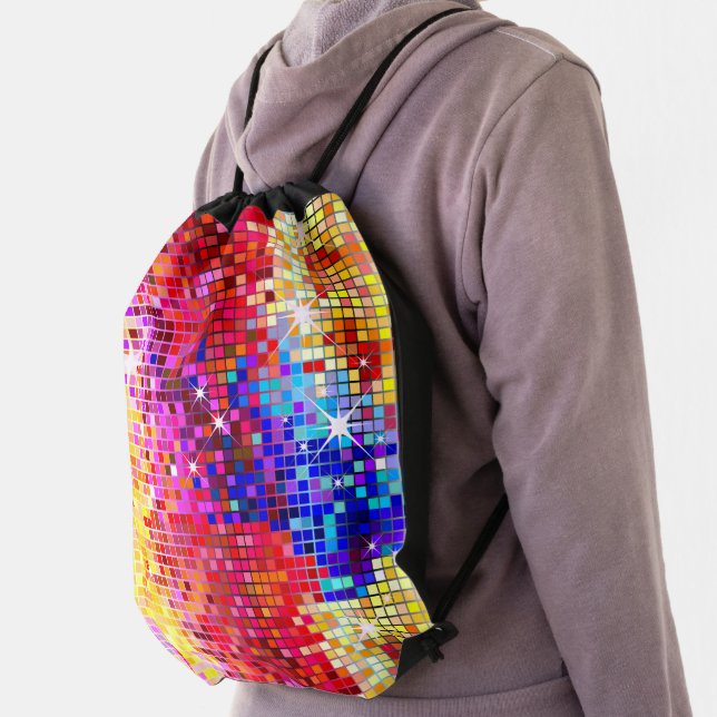 Colorful disco-like faux glitter drawstring bag (Insitu)