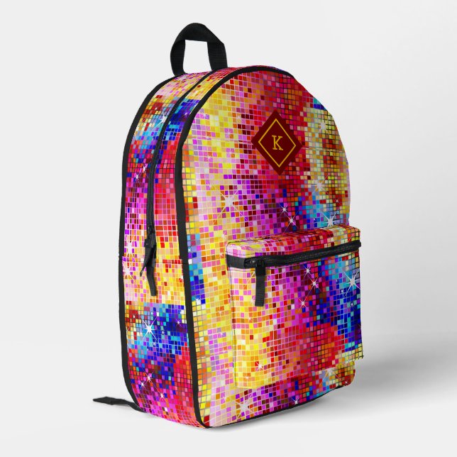 Colorful disco mirrors glitter pattern printed backpack (Back Corner Left)