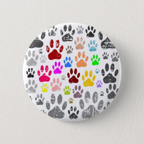 Colorful Distressed Dog Paw Prints On Gray Button