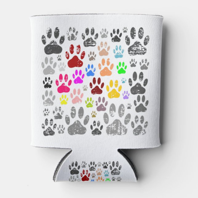 Colorful Distressed Dog Paw Prints On Gray Can Cooler (Front)