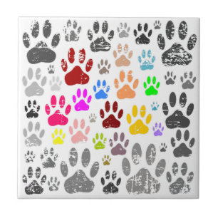 Colorful Distressed Dog Paw Prints On Gray Ceramic Tile