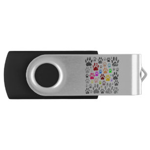 Colorful Distressed Dog Paw Prints On Gray Flash Drive