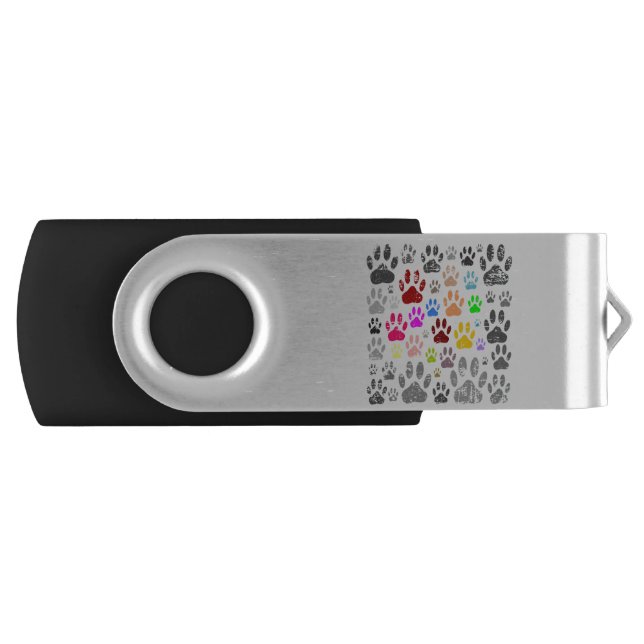 Colorful Distressed Dog Paw Prints On Gray Flash Drive (Front)