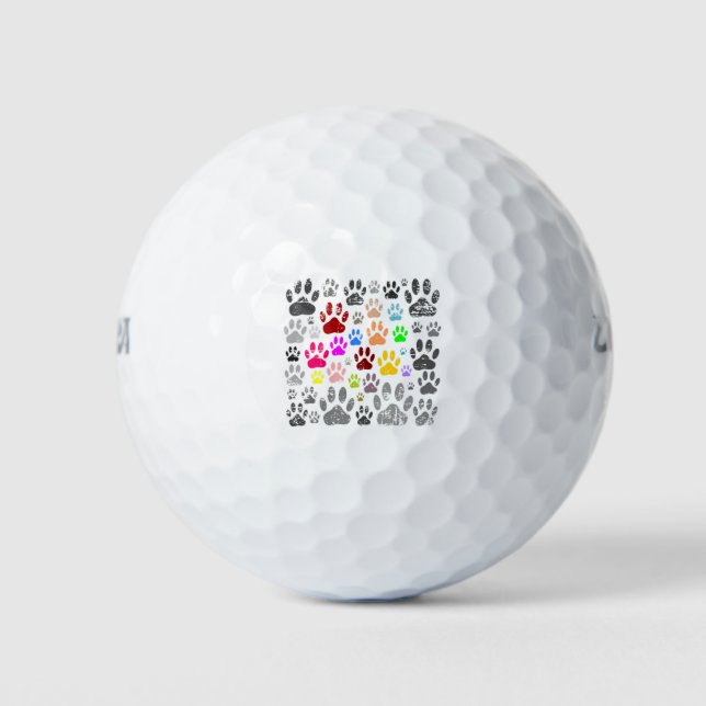 Colorful Distressed Dog Paw Prints On Gray Golf Balls (Front)