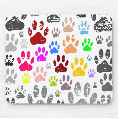 Colorful Distressed Dog Paw Prints On Gray Mouse Pad