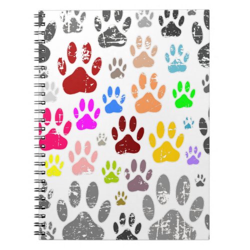 Colorful Distressed Dog Paw Prints On Gray Notebook