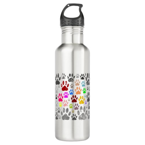 Colorful Distressed Dog Paw Prints On Gray Stainless Steel Water Bottle