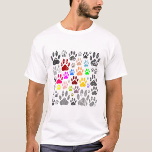 Colorful Distressed Dog Paw Prints On Gray T-Shirt