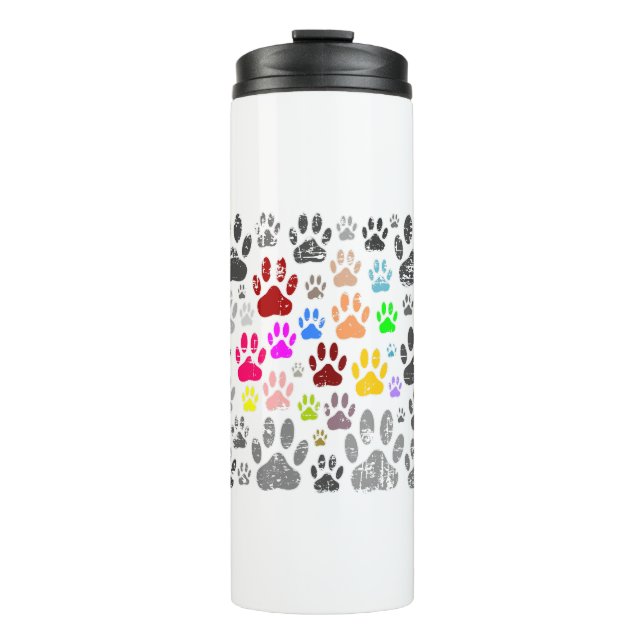 Colorful Distressed Dog Paw Prints On Gray Thermal Tumbler (Front)