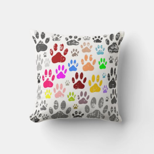 Colorful Distressed Dog Paw Prints On Gray Throw Pillow