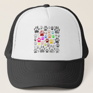 Colorful Distressed Dog Paw Prints On Gray Trucker Hat