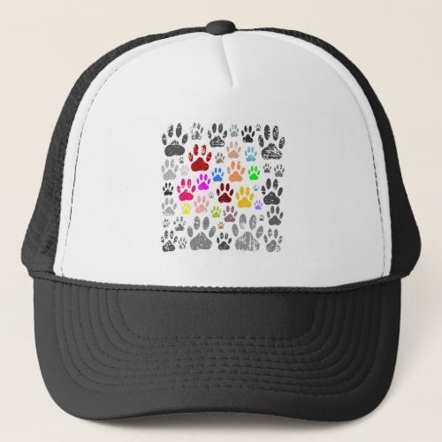 Colorful Distressed Dog Paw Prints On Gray Trucker Hat