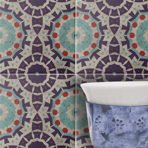 Colorful Distressed Moroccan Geometric Pattern Ceramic Tile