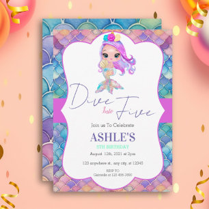 Colorful Dive Into Five Mermaid 5th Birthday Invitation
