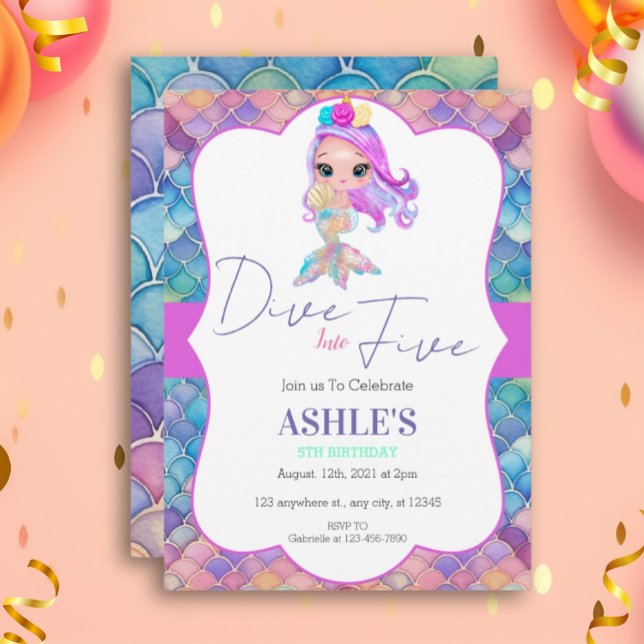 Colorful Dive Into Five Mermaid 5th Birthday  Invitation (Creator Uploaded)