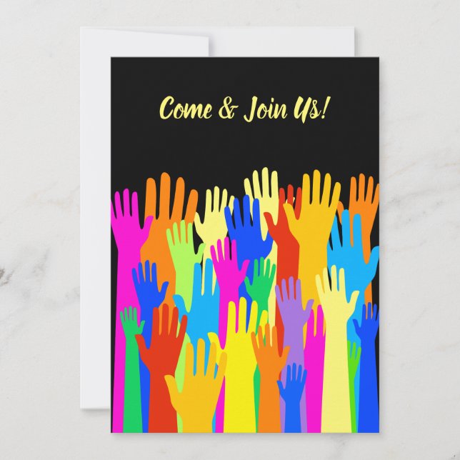 Colorful Diverse Group Community of Raised Hands Invitation (Front)
