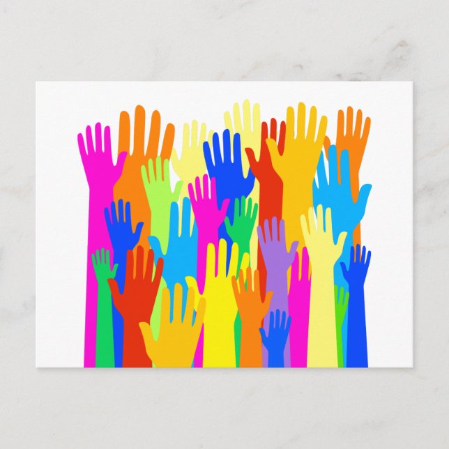 Colorful Diverse Group Community of Raised Hands Postcard (Front)