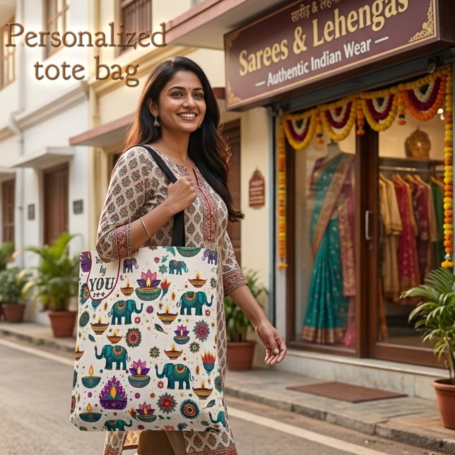 Colorful Diwali Elephant & Diya Pattern Custom Tote Bag (Vibrant tote bag showing an Indian pattern of festive elephants, oil lamps and colorful lotus flower)