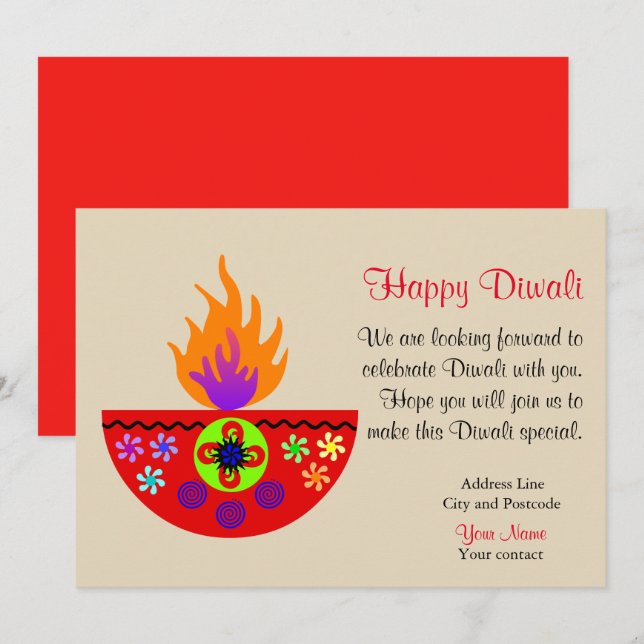 Colorful Diwali Lamp Diya Invitation (Front/Back)