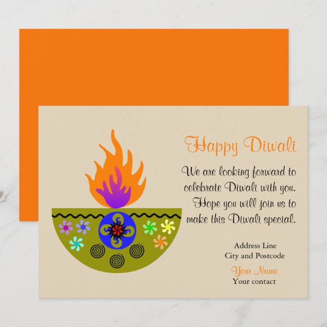 Colorful Diwali Lamp Diya Invitation (Front/Back)
