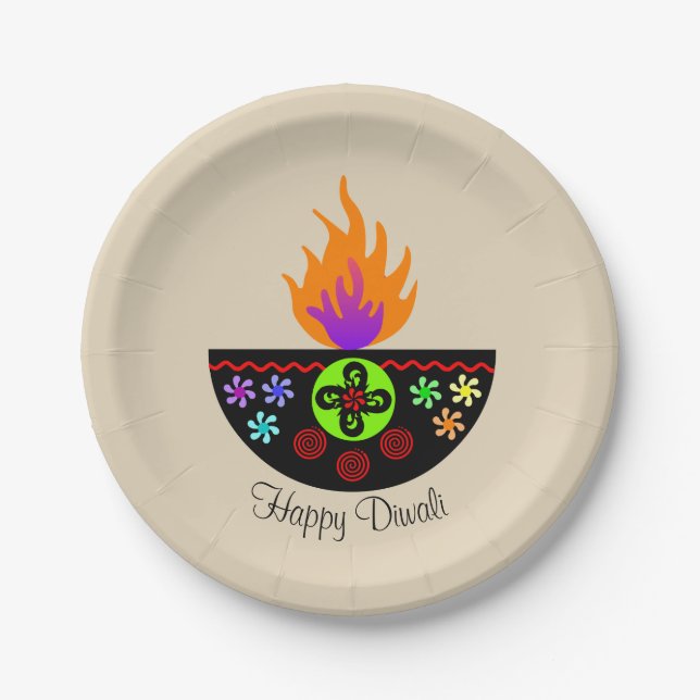 Colorful Diwali Lamp Diya Paper Plates (Front)