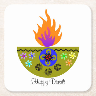 Colorful Diwali Lamp Diya Square Paper Coaster