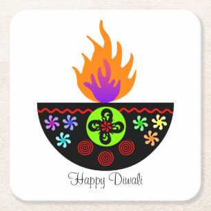 Colorful Diwali Lamp Diya Square Paper Coaster