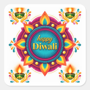 Colorful Diwali Mandala with Traditional Diyas Square Sticker