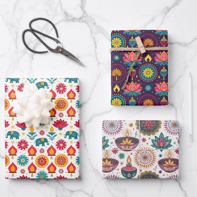 Colorful Diwali Patterns Wrapping Paper Sheets (Front)