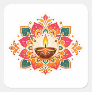 Colorful Diya Rangoli Diwali Greeting Design Square Sticker