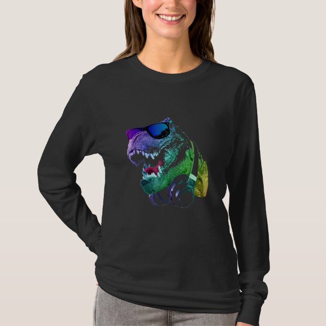 Colorful DJ T Rex Funny T-Shirt (Front)