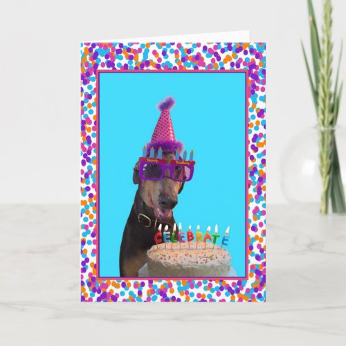 Colorful Doberman Birthday Celebration Cake Card