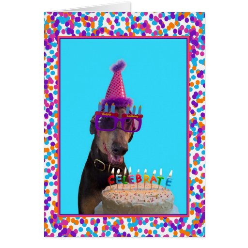 Colorful Doberman Birthday Celebration Cake Card | Zazzle