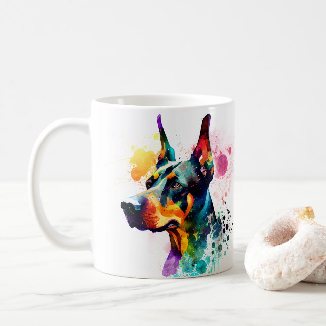 Colorful Doberman Pincher Dog  Pet Coffee Mug, Cup (With Donut)