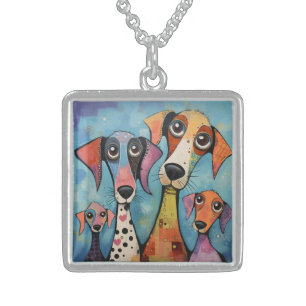 Colorful Dog Abstract Art Cartoon-style Sterling Silver Necklace
