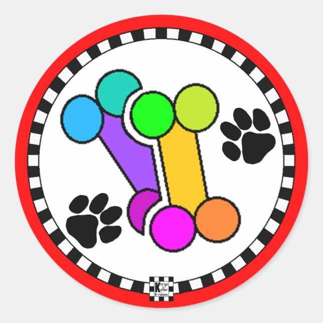 Colorful Dog Bones and Paws Classic Round Sticker (Front)