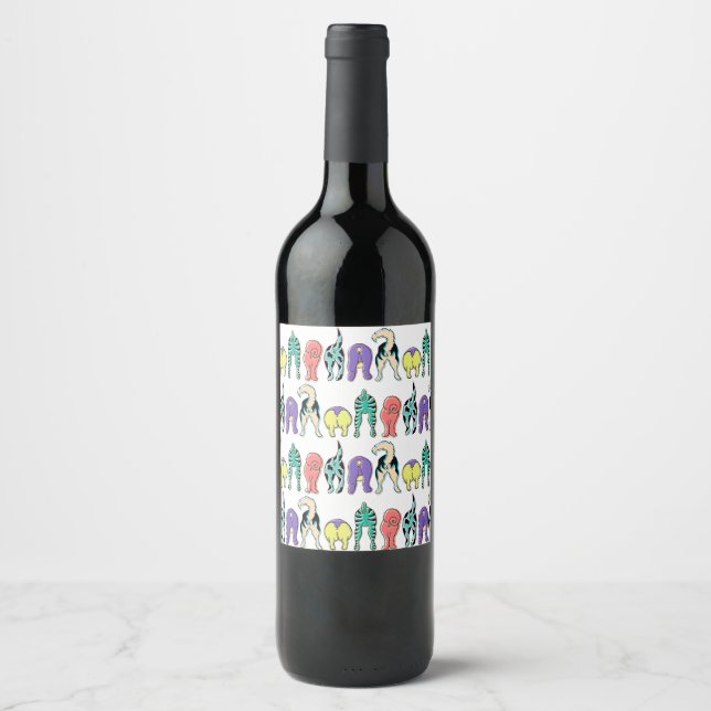 Colorful Dog Butts Pattern Wine Label (Front)