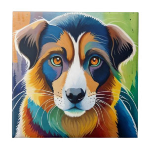 Colorful dog face close up ceramic tile