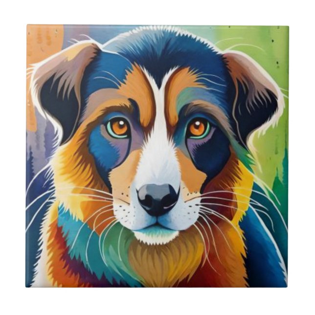 Colorful dog face close up  ceramic tile (Front)