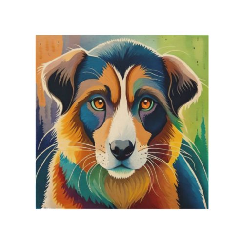 Colorful dog face close up  wood wall art