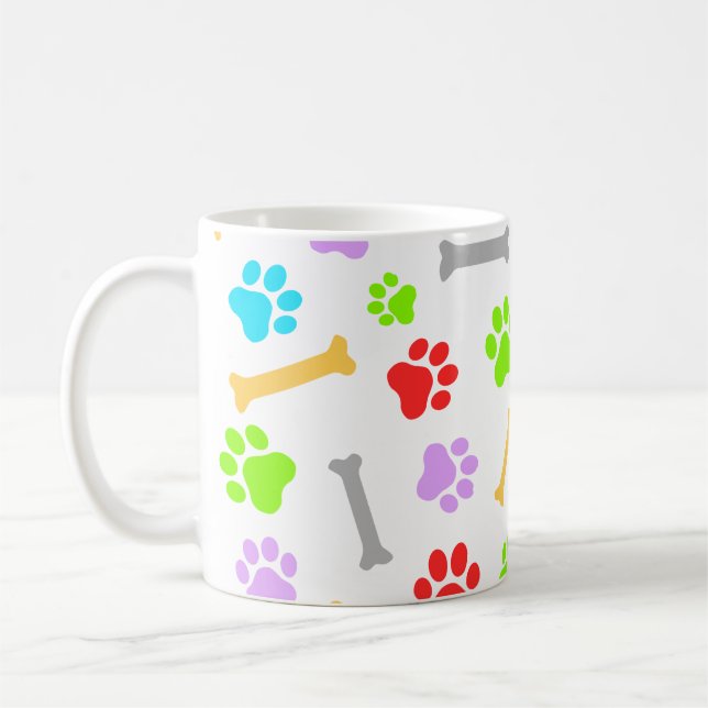 Colorful Dog Paw & Bones Seamless Pattern Coffee Mug (Left)