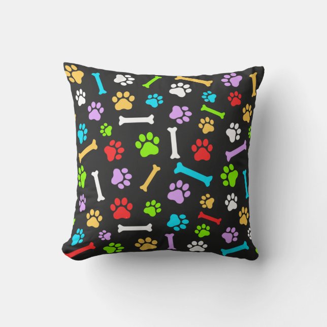 Colorful Dog Paw & Bones Seamless Pattern  Throw Pillow (Front)