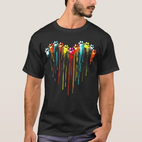 Colorful Dog Paw Heart Print T_Shirt