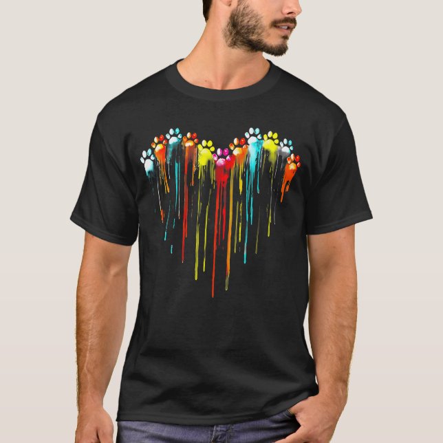 Colorful Dog Paw Heart Print T-Shirt (Front)