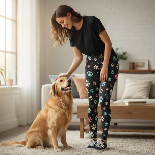 Colorful Dog Paw Print Black Leggings