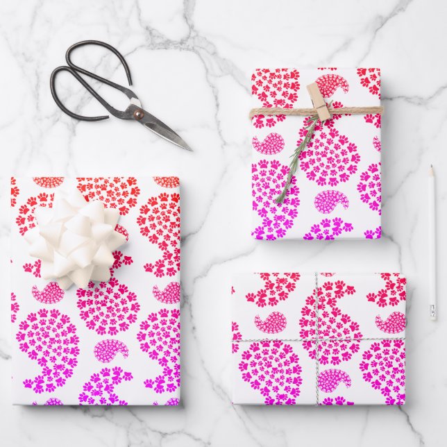 Colorful Dog Paw Print Paisley Pattern Wrapping Paper Sheets (Front)