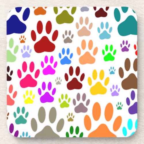 Colorful Dog Paw Prints All Over Beverage Coaster