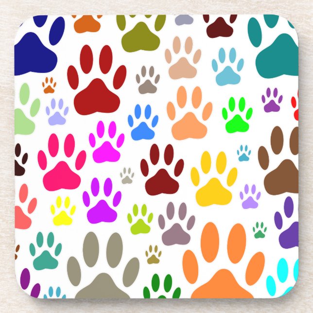 Colorful Dog Paw Prints All Over Beverage Coaster (Front)