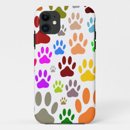 Colorful Dog Paw Prints All Over iPhone 11 Case