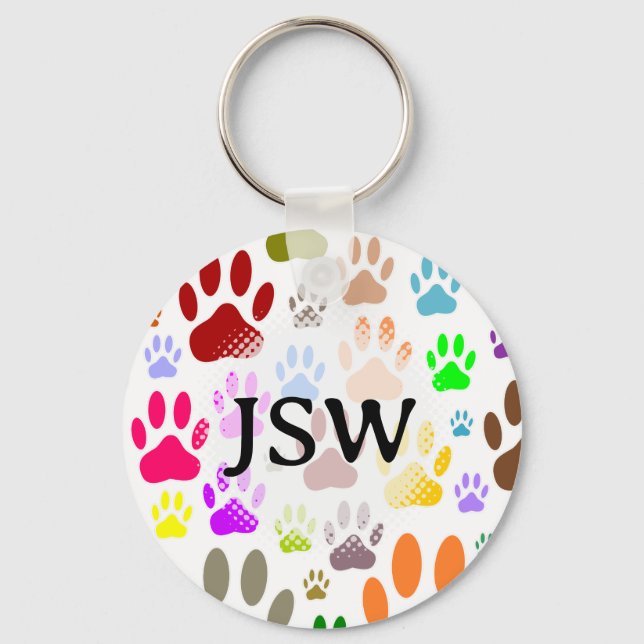 Colorful Dog Paw Prints All Over Custom Initials  Keychain (Front)
